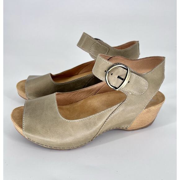 Dansko Burnished Khaki Green Calf Leather Sz 41 (US 9.5-10) Wedge Sandals Tiana - Picture 3 of 14